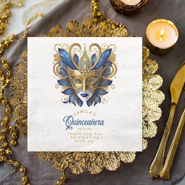 Masquerade Mask Motif Blue Gold White ID1031 Paper Dinner Napkins (Creator Uploaded)