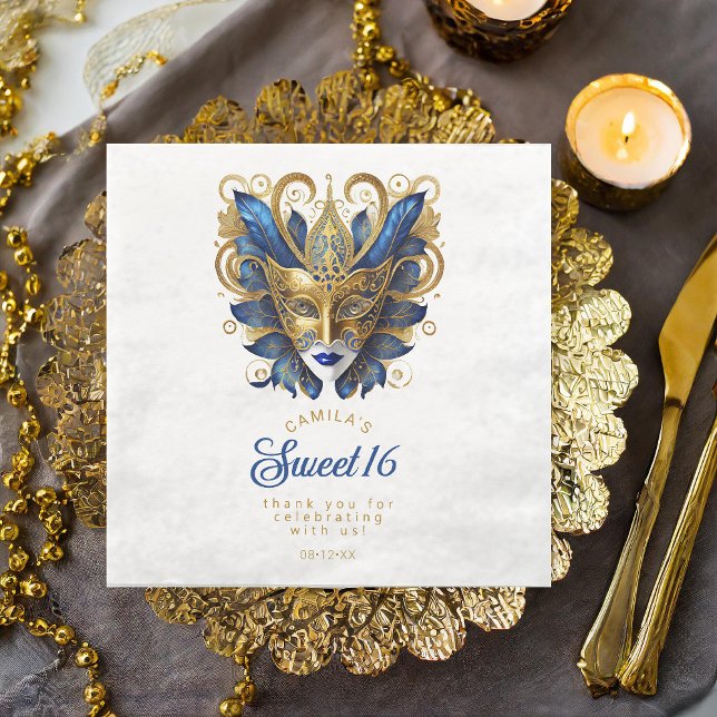 Masquerade Mask Motif Blue Gold White ID1032 Paper Dinner Napkins (Creator Uploaded)