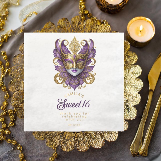 Masquerade Mask Motif Purple Gold White ID1032 Paper Dinner Napkins (Creator Uploaded)