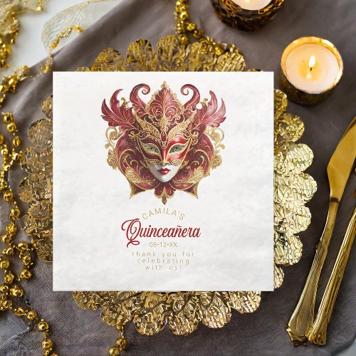 Masquerade Mask Motif Red Gold White ID1031 Paper Dinner Napkins