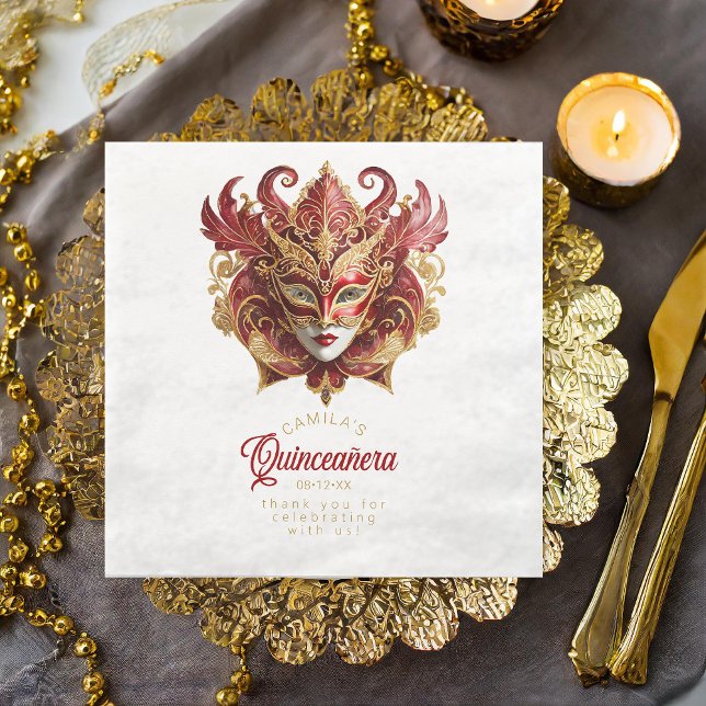 Masquerade Mask Motif Red Gold White ID1031 Paper Dinner Napkins (Creator Uploaded)