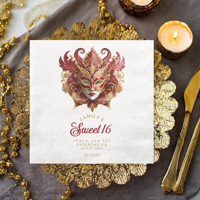 Masquerade Mask Motif Red Gold White ID1032 Paper Dinner Napkins (Creator Uploaded)