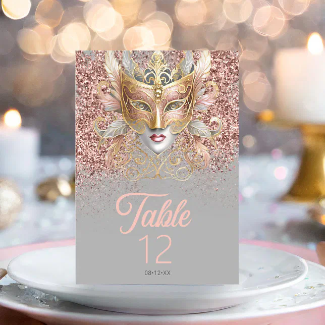Masquerade Mask Motif Rose Gold ID1031 Table Number | Zazzle