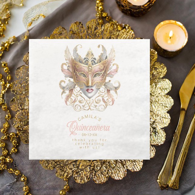 Masquerade Mask Motif Rose Gold White ID1031 Paper Dinner Napkins (Creator Uploaded)