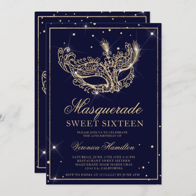 Masquerade mask navy blue gold glitter Sweet 16 Invitation (Front/Back)