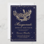 Masquerade mask navy blue gold glitter Sweet 16 Invitation (Front)