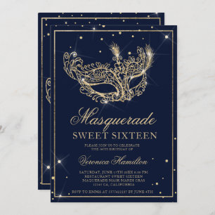 Masquerade mask navy blue gold glitter Sweet 16 Invitation