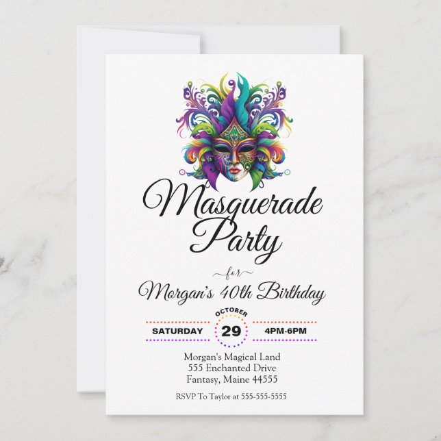 Masquerade mask party birthday invitation (Front)