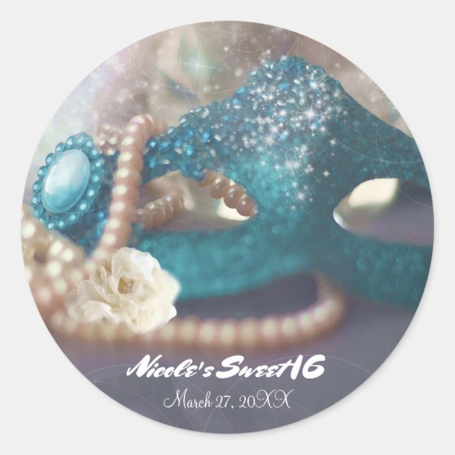 Masquerade Mask & Pearls Rainbow Party Classic Round Sticker (Front)