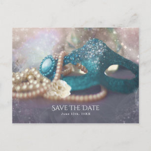 Masquerade Mask & Pearls Rainbow Save The Date Announcement Postcard