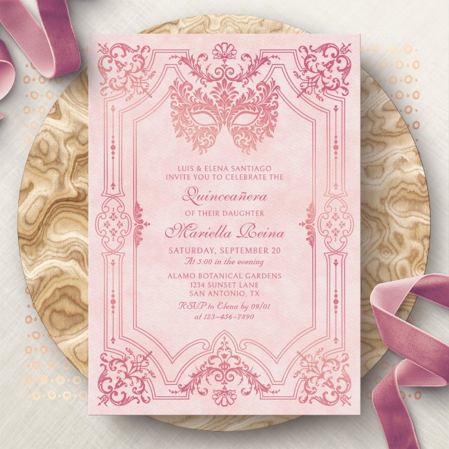 Masquerade Mask Pink Elegant Quinceanera Invitation (Creator Uploaded)