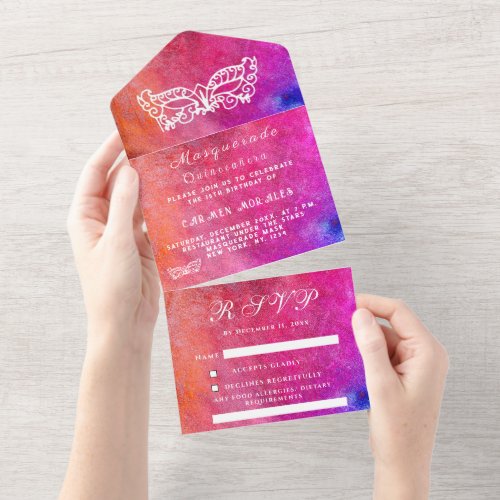 Masquerade Mask Pink Glitter Abstract Quinceanera All In One Invitation