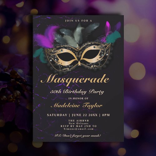 Masquerade Mask Pink Gold Black 50th Birthday Invitation