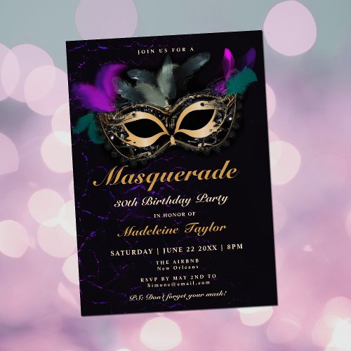 Masquerade Mask Pink Neon Black 30th Birthday Invitation