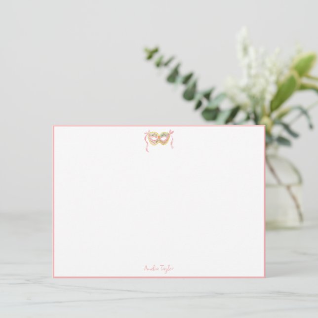 Masquerade Mask Pink Personalized Stationery Note Card (Standing Front)