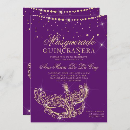 Masquerade mask purple gold glitter quinceanera invitation