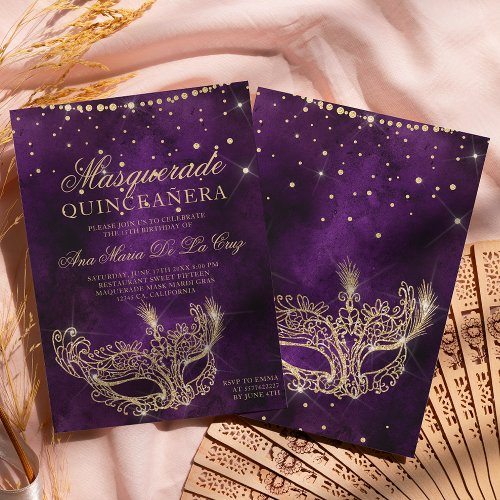 Masquerade mask purple gold glitter quinceanera invitation