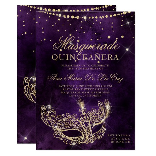 masquerade mask purple gold glitter quinceanera invitation zazzle com masquerade invitations for sweet 16