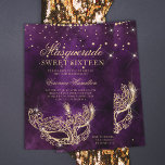 Masquerade mask purple gold glitter Sweet 16 Invitation<br><div class="desc">A modern,  chic and glamorous sweet sixteen with a hand drawn gold glitter masquerade mask with rose gold glitter diamond sparkles on a dark purple watercolor background.</div>