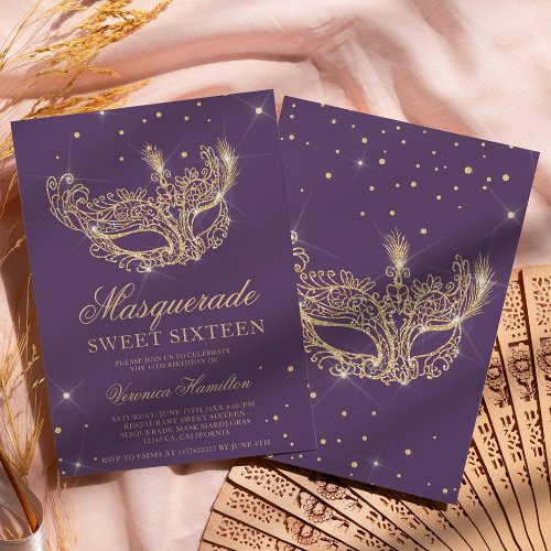 Masquerade mask purple gold glitter Sweet 16 Invitation