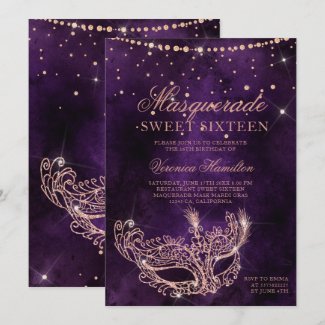 Masquerade mask purple rose gold glitter Sweet 16 Invitation
