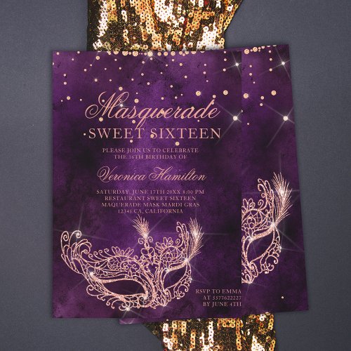 Masquerade mask purple rose gold glitter Sweet 16 Invitation