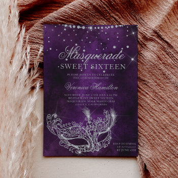 Masquerade Mask Purple Silver Glitter Sweet 16 Invitation by girly_trend at Zazzle