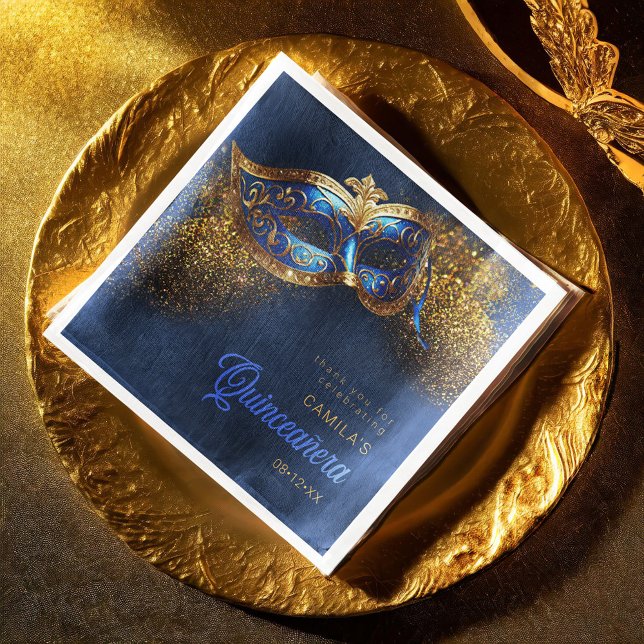 Masquerade Mask Quinceanera Blue Gold ID1031 Paper Dinner Napkins (Creator Uploaded)
