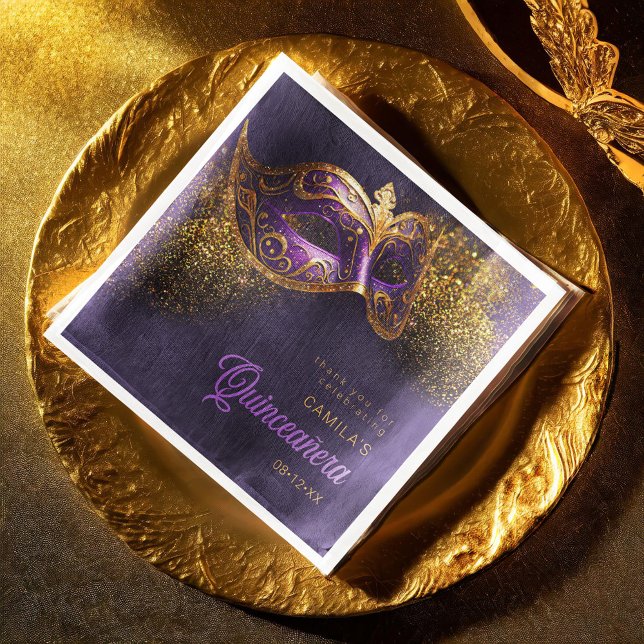 Masquerade Mask Quinceanera Purple Gold ID1031 Paper Dinner Napkins (Creator Uploaded)