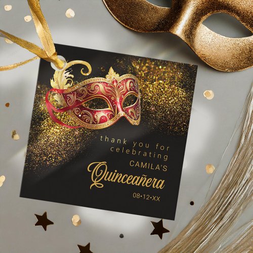 Masquerade Mask Quinceanera Red Gold ID1031 Favor Tags