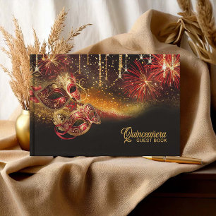 Masquerade Mask Quinceañera Red Gold ID1031 Guest Book