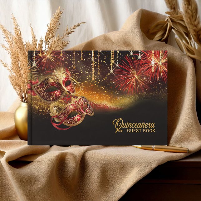 Masquerade Mask Quinceañera Red Gold ID1031 Guest Book (Creator Uploaded)