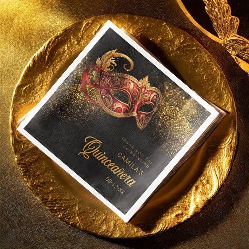 Masquerade Mask Quinceanera Red Gold ID1031 Paper Dinner Napkins
