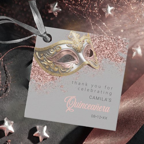 Masquerade Mask Quinceanera Rose Gold ID1031 Favor Tags