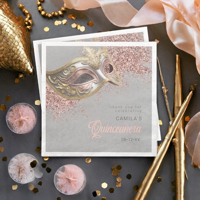 Masquerade Mask Quinceanera Rose Gold ID1031 Paper Dinner Napkins (Creator Uploaded)