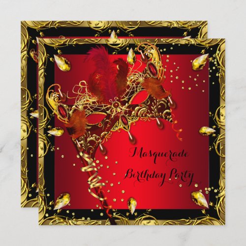 Masquerade Mask Red Gold Birthday Party Invitation