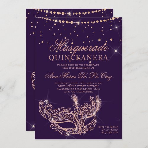 Masquerade mask rose gold glitter chic quinceanera invitation