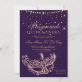 Masquerade mask rose gold glitter chic quinceanera invitation (Front)