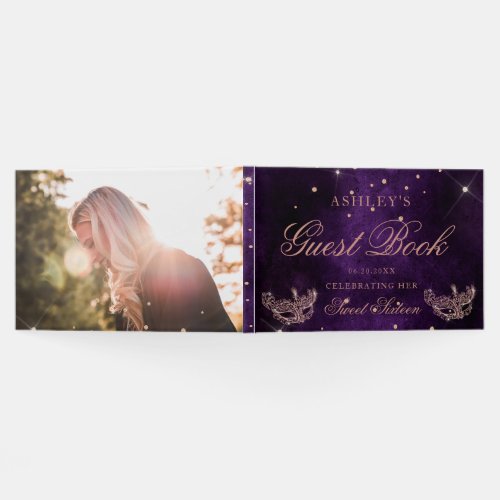 Masquerade mask rose gold glitter purple Sweet 16 Guest Book