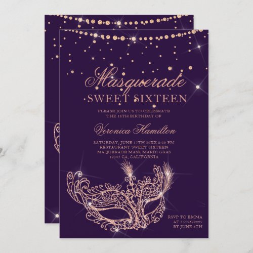 Masquerade mask rose gold glitter purple Sweet 16 Invitation