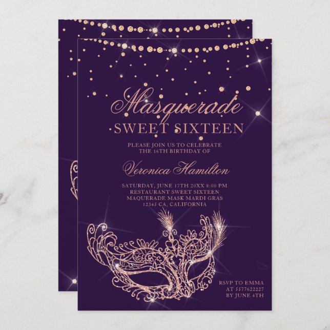 Masquerade mask rose gold glitter purple Sweet 16 Invitation (Front/Back)