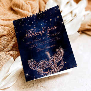 Masquerade mask rose gold glitter sparkle chic letterpress thank you card
