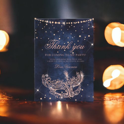 Masquerade mask rose gold glitter sparkle chic thank you card