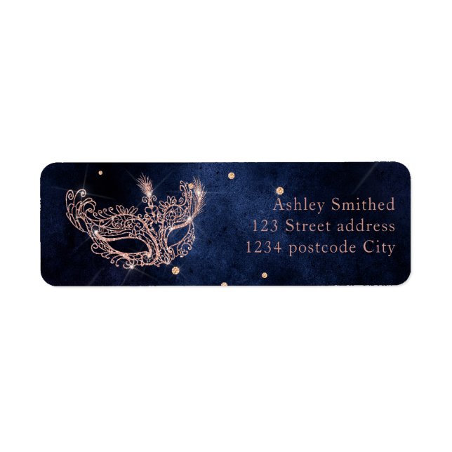 Masquerade mask rose gold glitter sparkle return label (Front)
