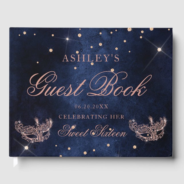 Masquerade mask rose gold glitter sparkle Sweet 16 Guest Book (Front)