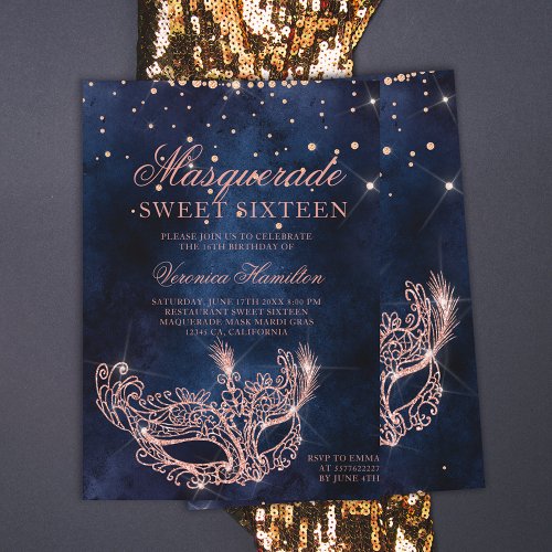 Masquerade mask rose gold glitter sparkle Sweet 16 Invitation