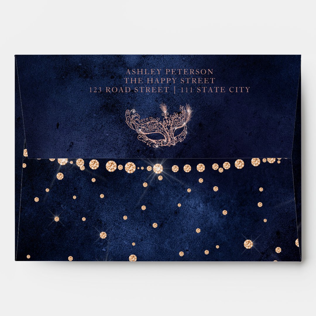 Masquerade mask rose gold glitter Sweet 16 address Envelope Zazzle