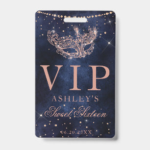 Masquerade mask rose gold glitter Sweet 16 VIP Badge