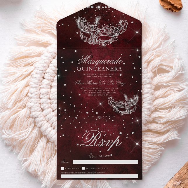 Masquerade mask silver glitter quinceanera red all in one invitation (Masquerade mask silver glitter quinceanera red all in one invitation)