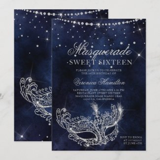 Masquerade mask silver glitter sparkles Sweet 16 Invitation